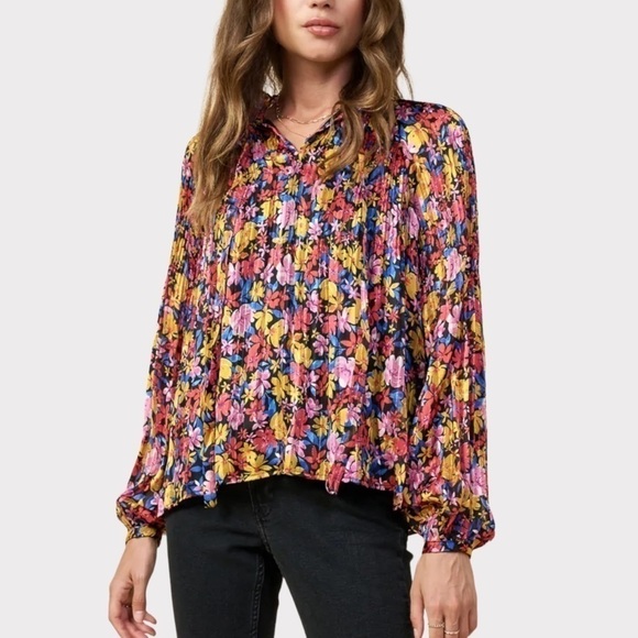 Skies Are Blue Pleated Floral Multi Color Ruffle Top Blouse NWT - Picture 1 of 13